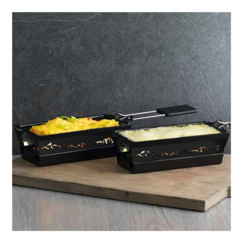 Preview: Raclette Set Mini Alpenglühen schwarz mit Schabern und Teelicht