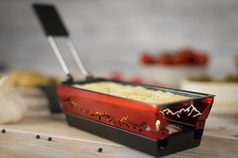 Raclette Set Mini Alpenglühen rot mit Schabern und Teelicht