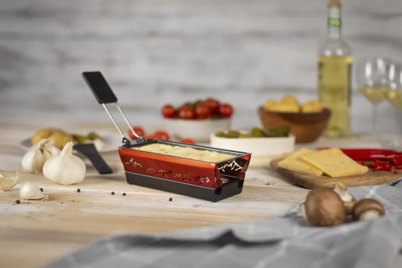 Raclette Set Mini Alpenglühen rot mit Schabern und Teelicht