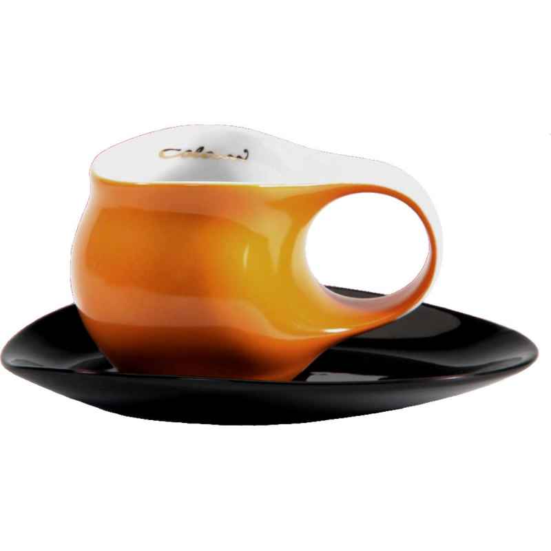 Preview: Luigi Colani Porzellan Espresso Tasse mit Untertasse orange / schwarz