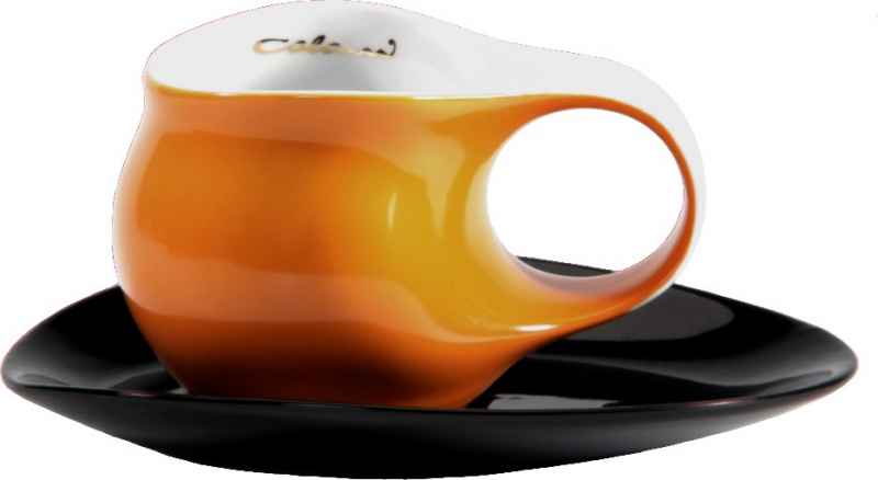 Preview: Luigi Colani Porzellan Espresso Tasse mit Untertasse orange / schwarz
