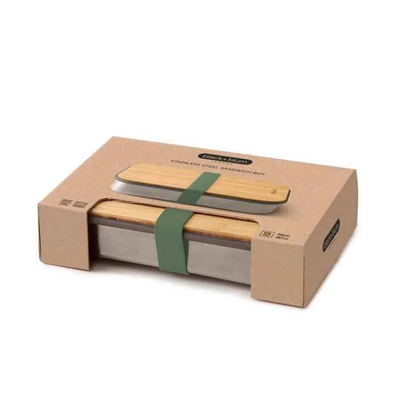 Edelstahl Sandwich Box - Olive, 1000 ml, Edelstahl/Bambusholz, Maße: 22,3 x 15 x 5,2 cm