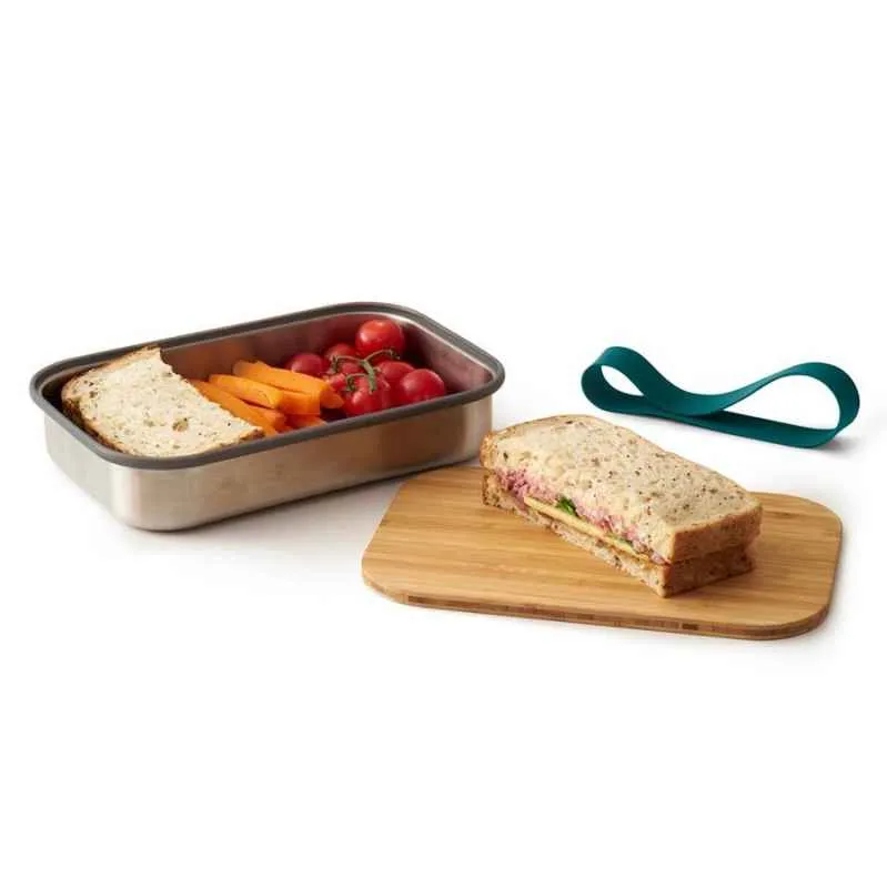 Edelstahl Sandwich Box - Ozean, 1000 ml, Edelstahl/Bambusholz, Maße: 22,3 x 15 x 5,2 cm