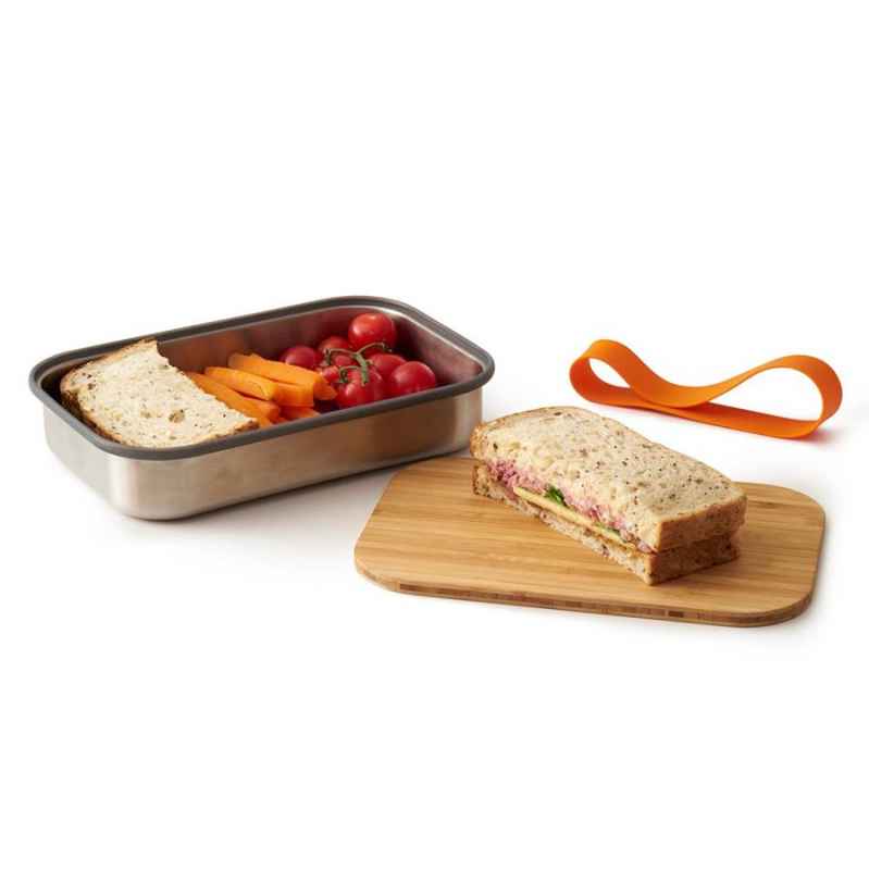 Preview: Edelstahl Sandwich Box - Orange, 1000 ml, Edelstahl/Bambusholz, Maße: 22,3 x 15 x 5,2 cm