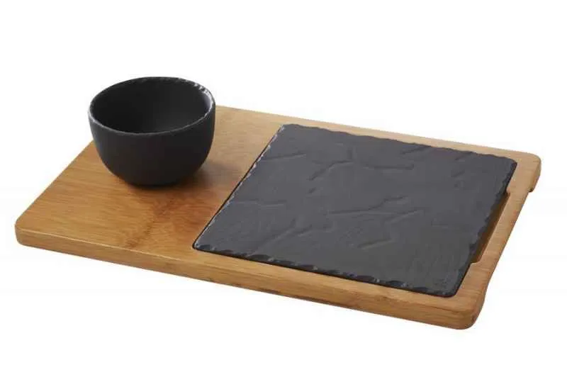BAMBUS HOLZTABLETT 37 x 24 cm, 2 - fach unterteilt für Steakteller 20 x 20 cm