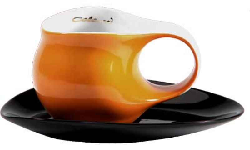 Preview: Luigi Colani Porzellan Espresso Tasse mit Untertasse orange / schwarz