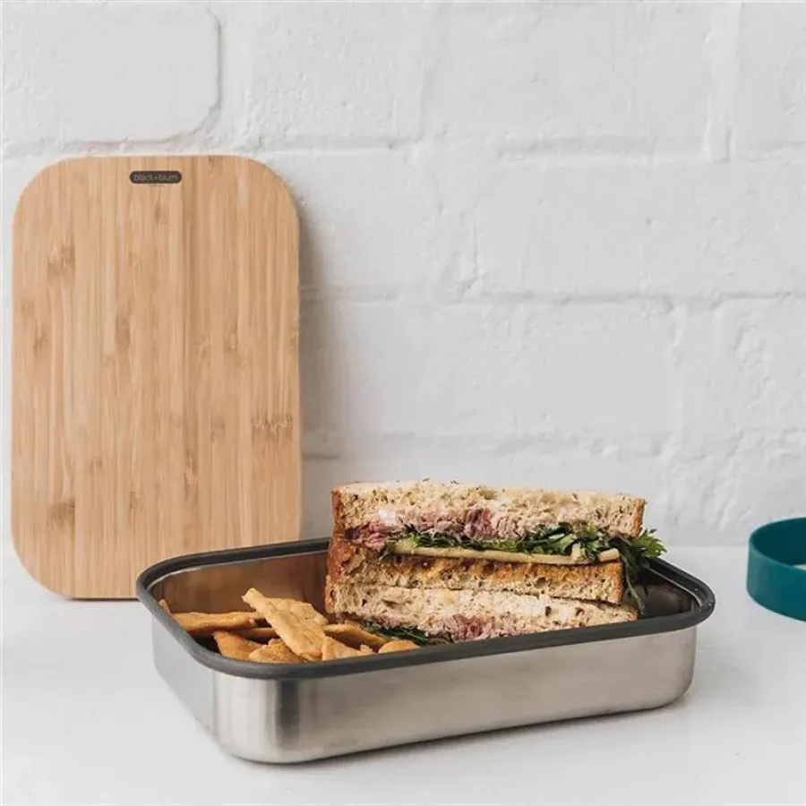 Edelstahl Sandwich Box - Ozean, 1000 ml, Edelstahl/Bambusholz, Maße: 22,3 x 15 x 5,2 cm