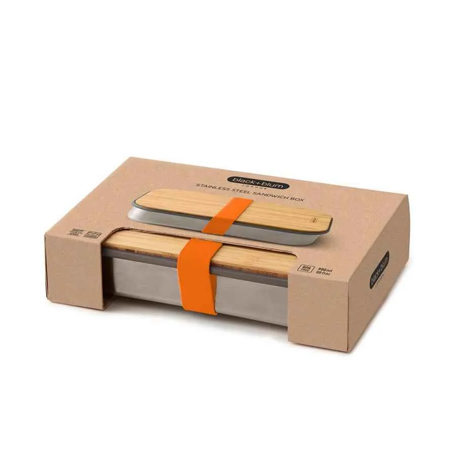 Edelstahl Sandwich Box - Orange, 1000 ml, Edelstahl/Bambusholz, Maße: 22,3 x 15 x 5,2 cm