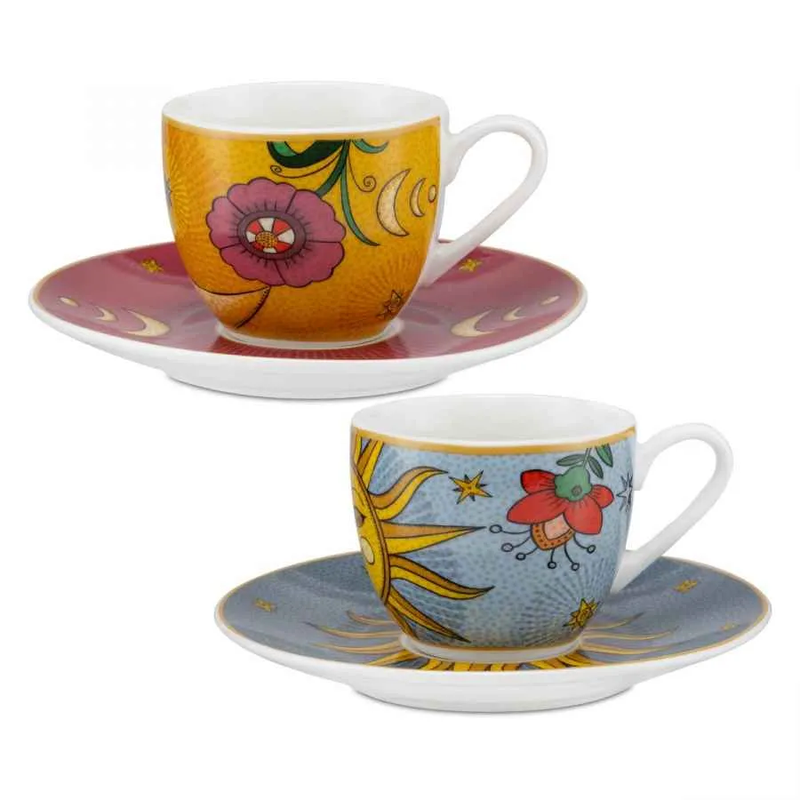 Espressotassen mit Untertassen 6er Set MIRABILIA 90 ml „Sole & Luna“